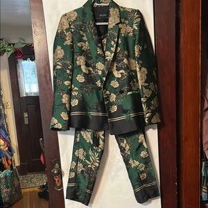 Zara Collection Oriental Green Gold Floral Suit,  Size XS
